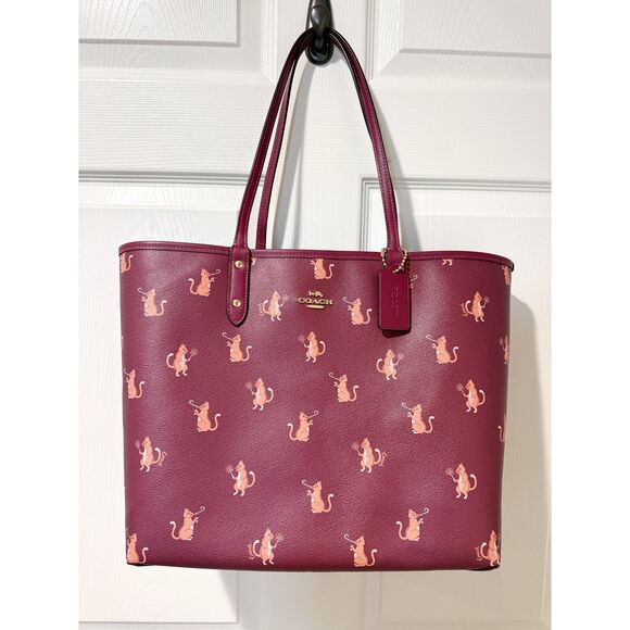 Coach Reversible City Tote Party Cat Print Maroon Berry Canvas Large Classic - Picture 2 of 16